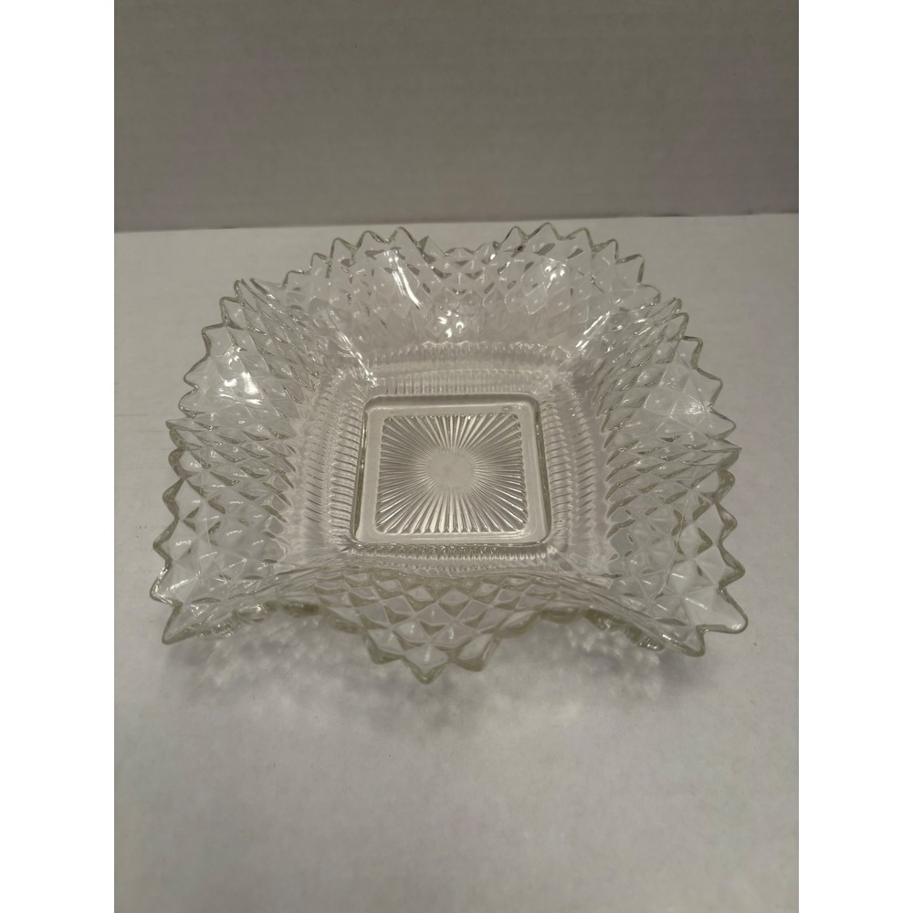 Vintage Clear Pressed Glass Diamond Point Ruffled Edge Square Candy Dish Bowl 6"